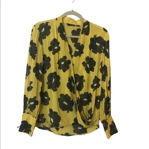 HALOGEN yellow & black modern floral silk blend wrap blouse